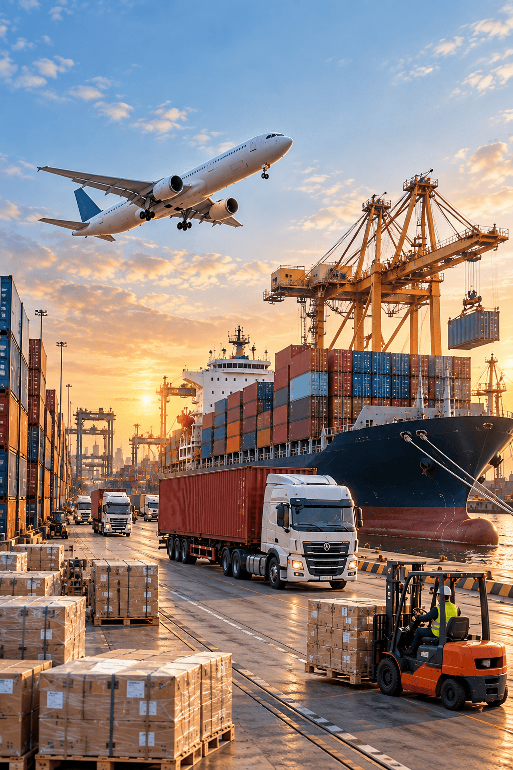 Trung Tâm Logistics Cảng Biển Lúc Hoàng Hôn